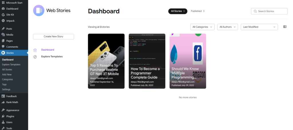 Stories Dashboard in WordPress